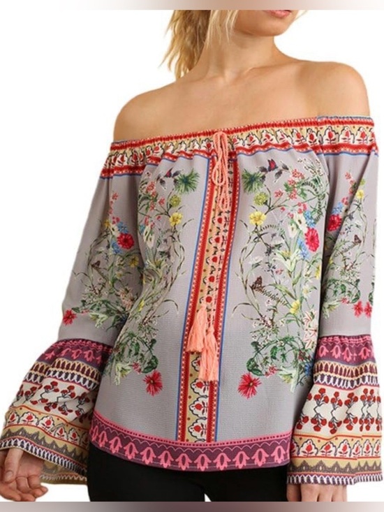 Umgee Tops - Umgee Plus Floral Bell Sleeve On or Off Shoulder Top Blouse Grey Size 2XL